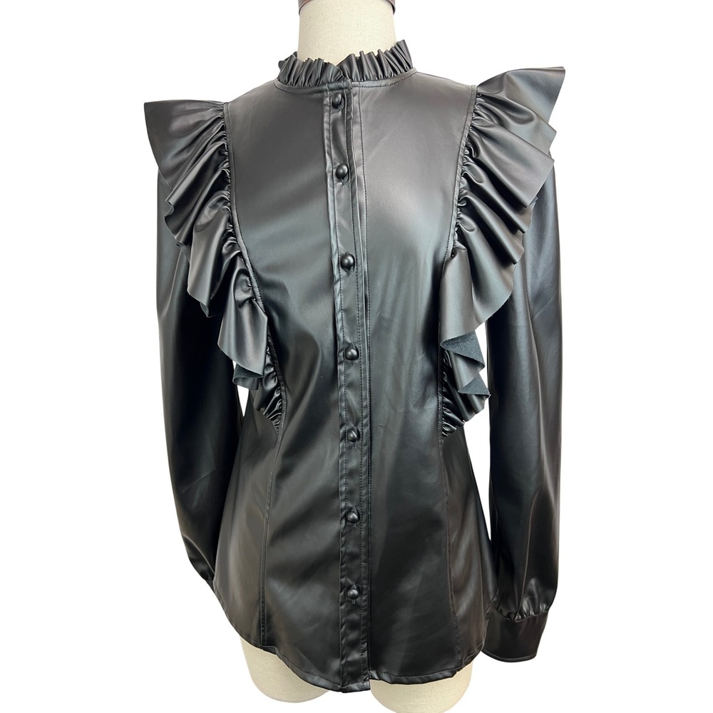 Monnalisa Faux Leather Blouse Womens Small Black NWT Ruffle Mock Neck Italy